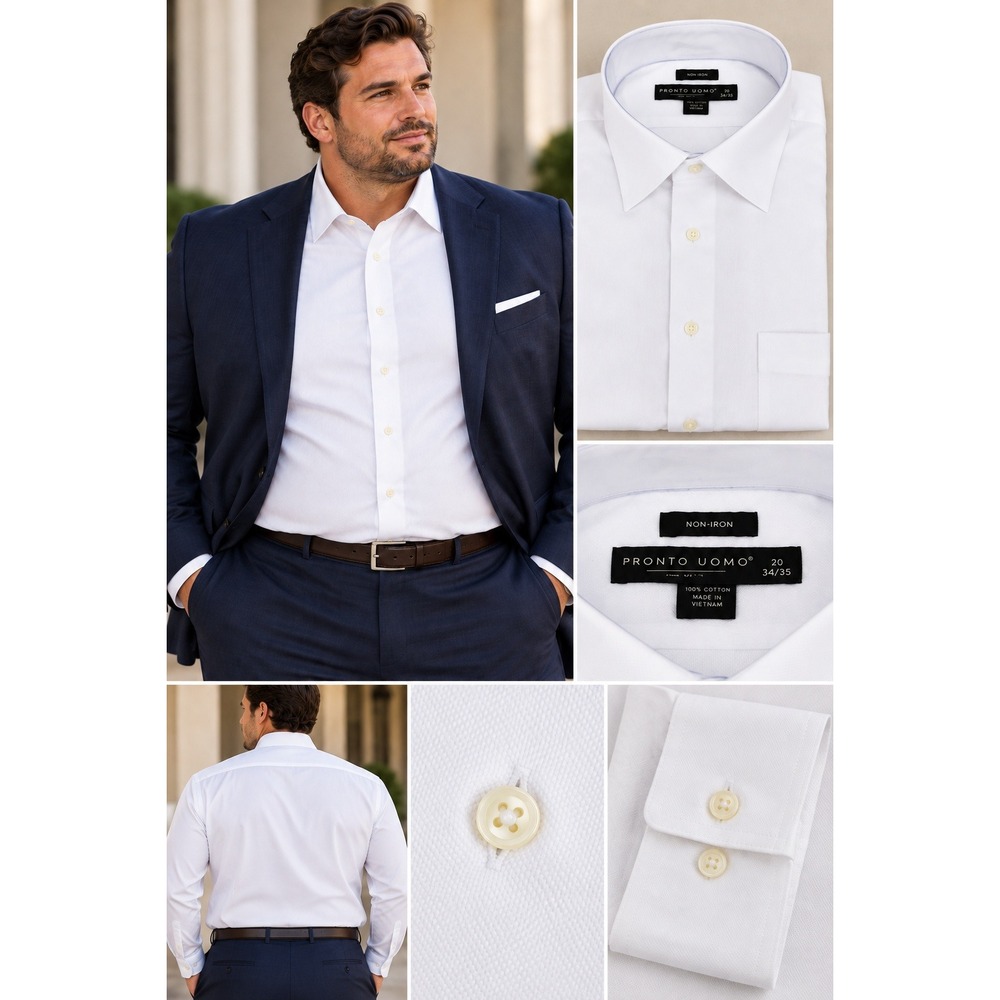 NWT Pronto Uomo White Dress Shirt Size 20 34/35 Non-Iron Retail $89 Cotton